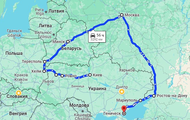 Маршрут поїздки Генічеськ-Київ через Білорусь