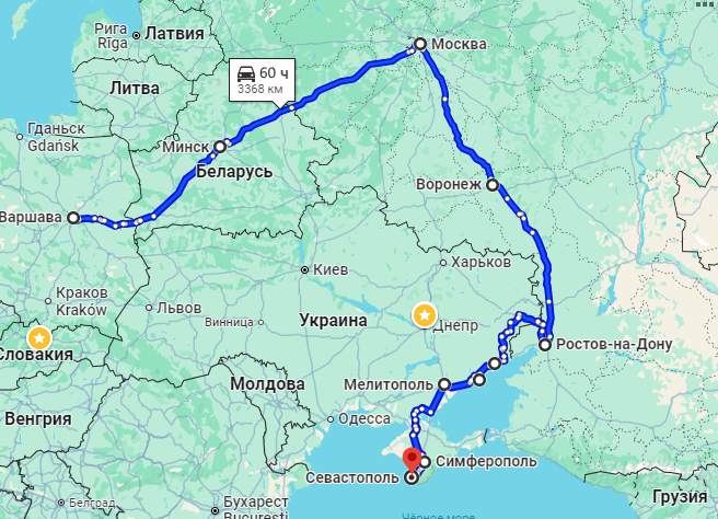 Маршрут движения Севастополь-Варшава через Беларусь