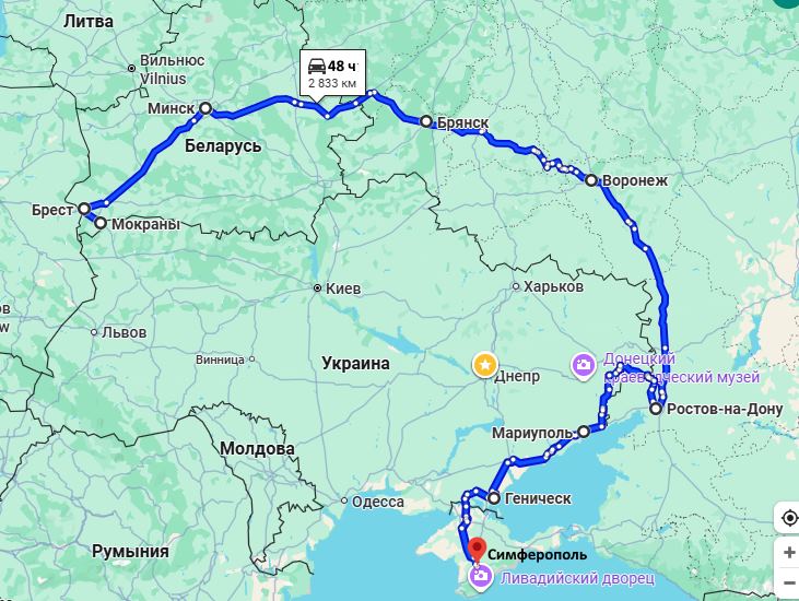 Маршрут движения Симферополь-Мокраны в Украину