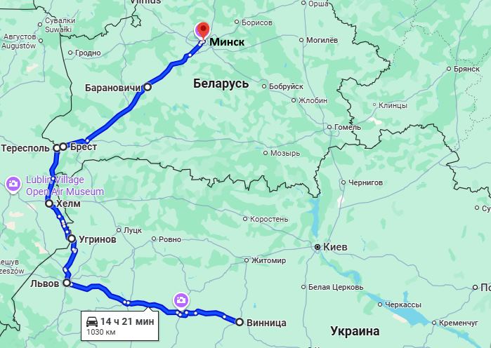 Маршрут поездки Винница-Минск через Польшу