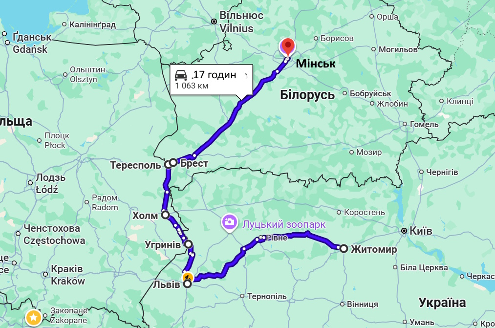 маршрут движения Житомир-Минск