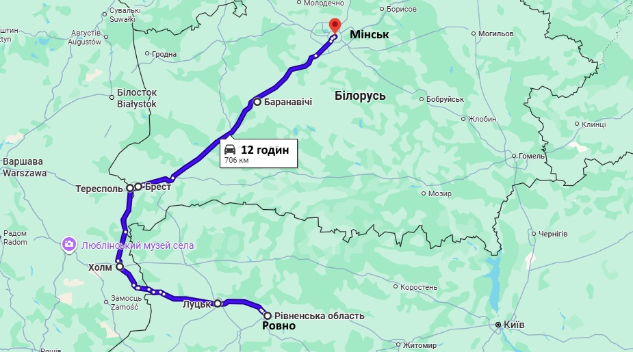 Маршрут движения Ровно-Минск через Польшк