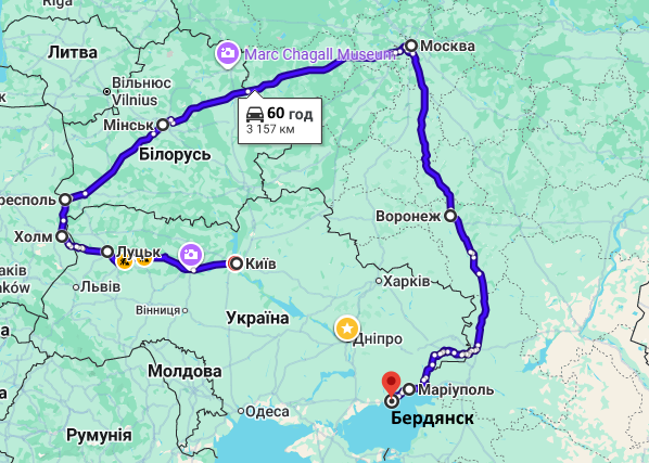 Маршрут движения Киев-Бердянск через Польшу