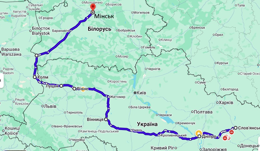 Маршрут движения Славянск-Минск через Польшу