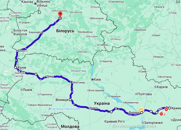 Маршрут поездки Краматорск- через ПольшуМинск