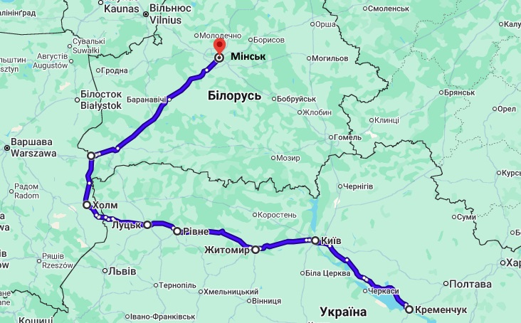 Маршрут движения Кремечуг-Минск через Польшу